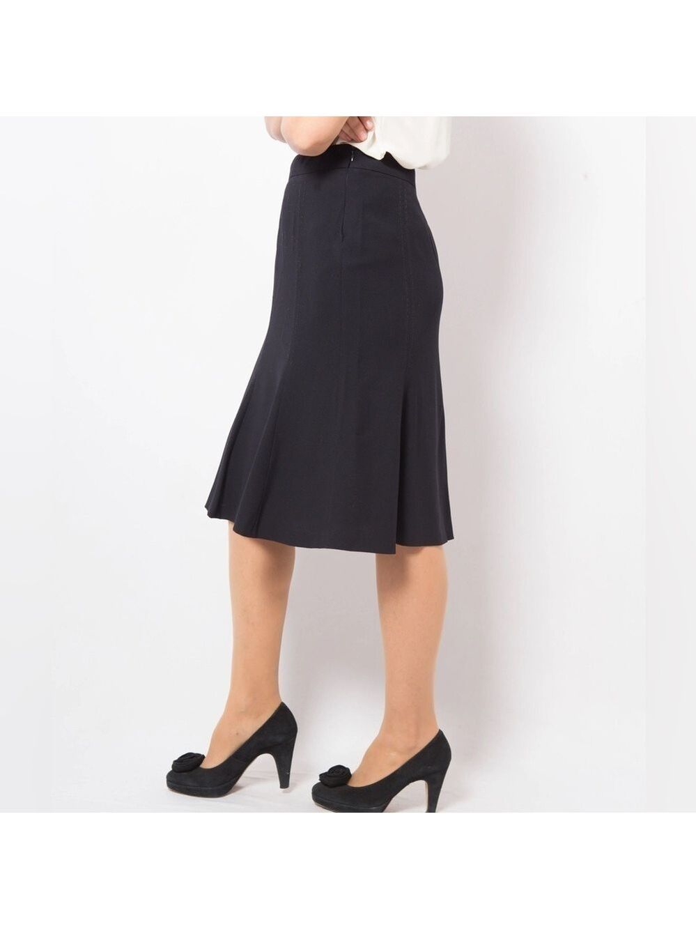 Louben Vintage Black A-Line Flared High Waisted Modest Midi Skirt, size 2P